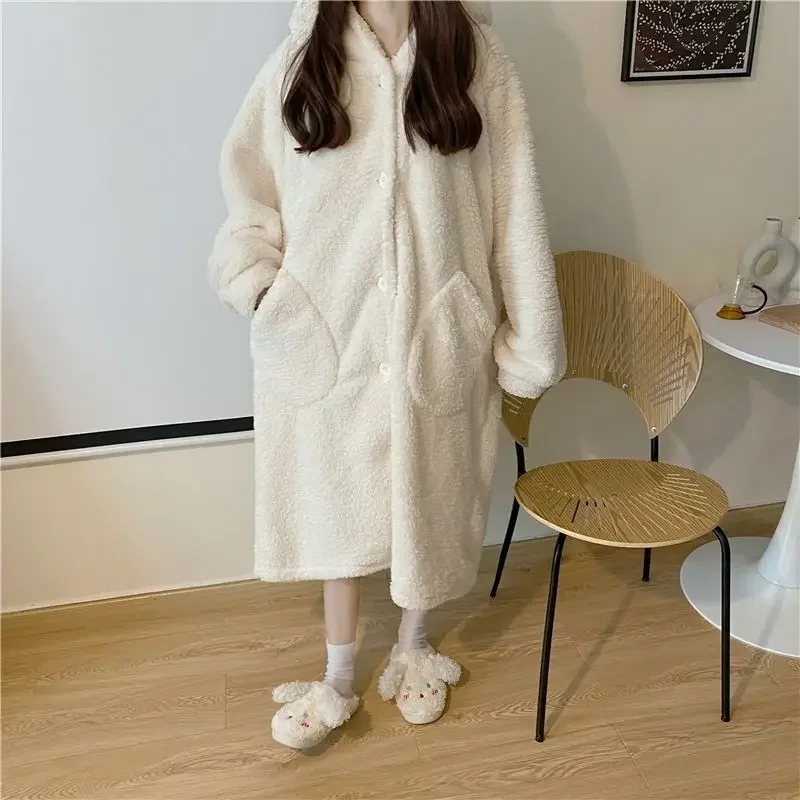 Wintertime Women's Night Gown Robe Thickening Type Can Be Worn Outside Large Size Cute Teddy Bear Coral Fleece Pajamas