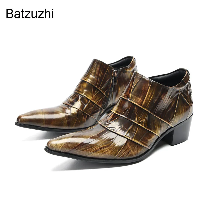 

Batzuzhi 6cm Heels High Men's Shoes Slip on Bronze Leather Dress Shoes Men Zip Fashion Party and Wedding Shoes Men, Big Sizes!