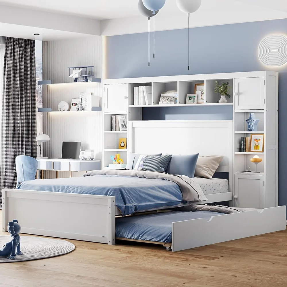 سرير تخزين كامل مع لوح أمامي لخزانة الكتب، وسرير بمنصة كاملة الحجم مع درجين للتخزين، وسرير من الخشب الصلب بالحجم الكامل Fr