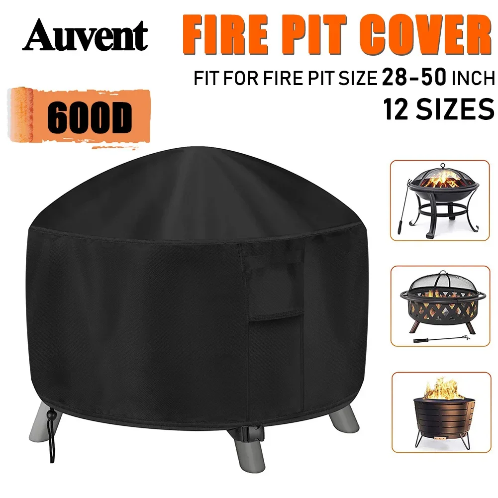 

600D Patio Waterproof Fire Pit Cover BBQ Grill Cover Heavy Duty Outdoor Garden Yard BBQ Cover Table Covers UV Protector Round