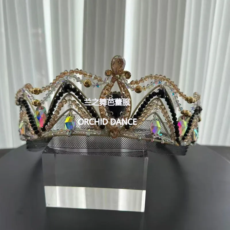Ballet crown headpiece decorated with black‑gold iridescent rhinestone geometric hollow tiara for ballet character solo stage co