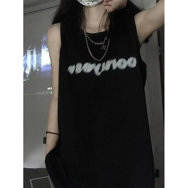 American Streetwear Black Sports Top Women Tops Summer T-shirt Loose Casual Basketball Sleeveless Tshirt Women