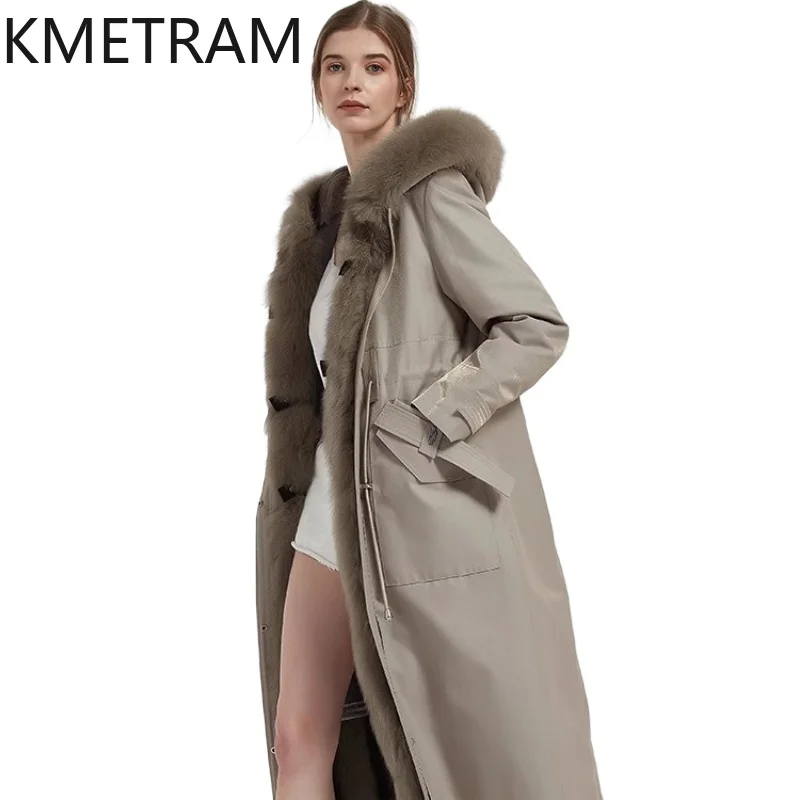 

KMETRAM Real Rex Rabbit Fur Lining Parka Fur Coat 2025 Winter Warmth Fox Fur Collar Long New Outerwears Grey Women Clothing шуба