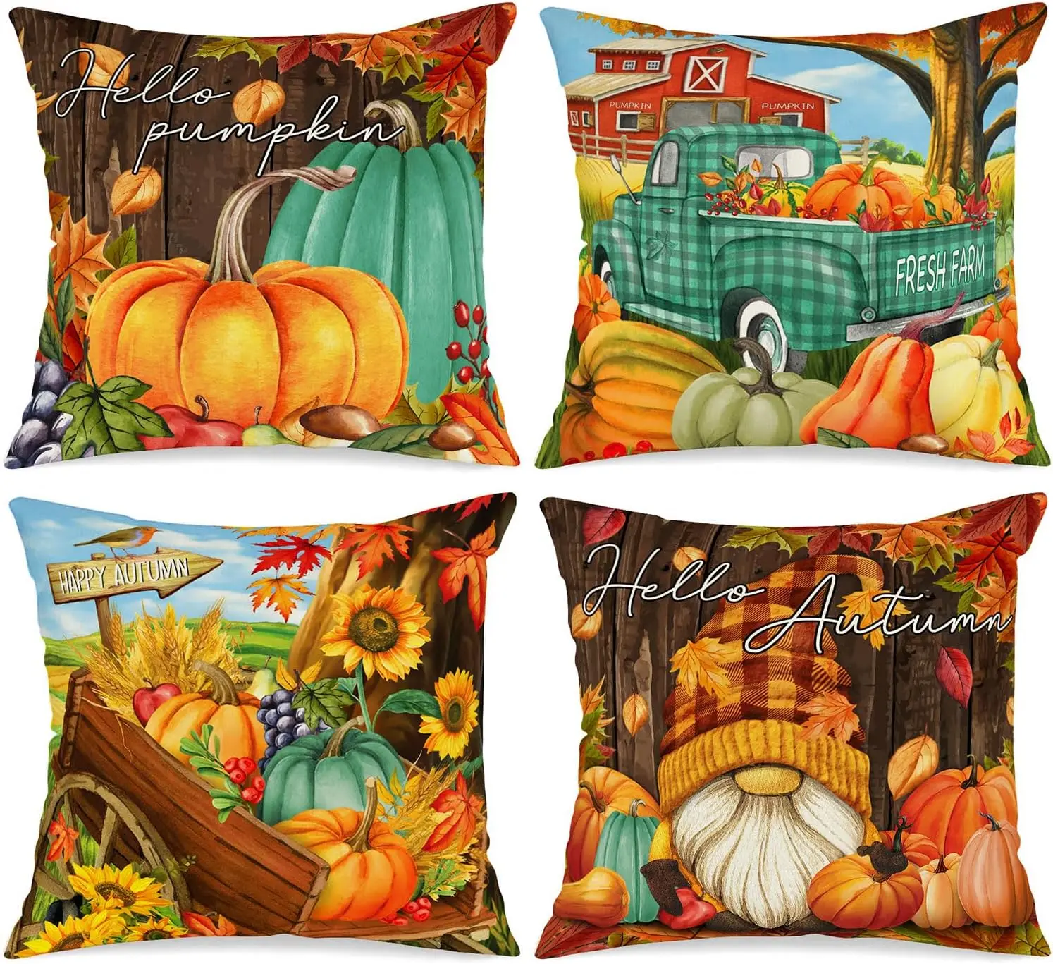 Fall Pillow Covers Set of 4, Pumpkin Gnomes Decorative Holiday Pillow Case 18 Inch Autumn Cushion Covers Thanksgiving Pillowcase