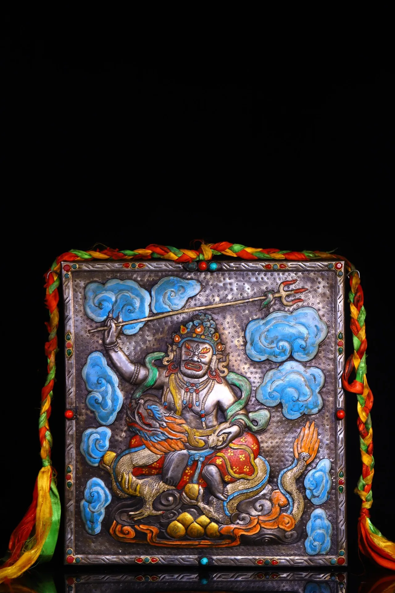 

14"Tibetan Temple Collection Old Tiantie Painted Mosaic Gem Auspicious Eight White Jambhala Sitting Buddha Thangka Worship Hall