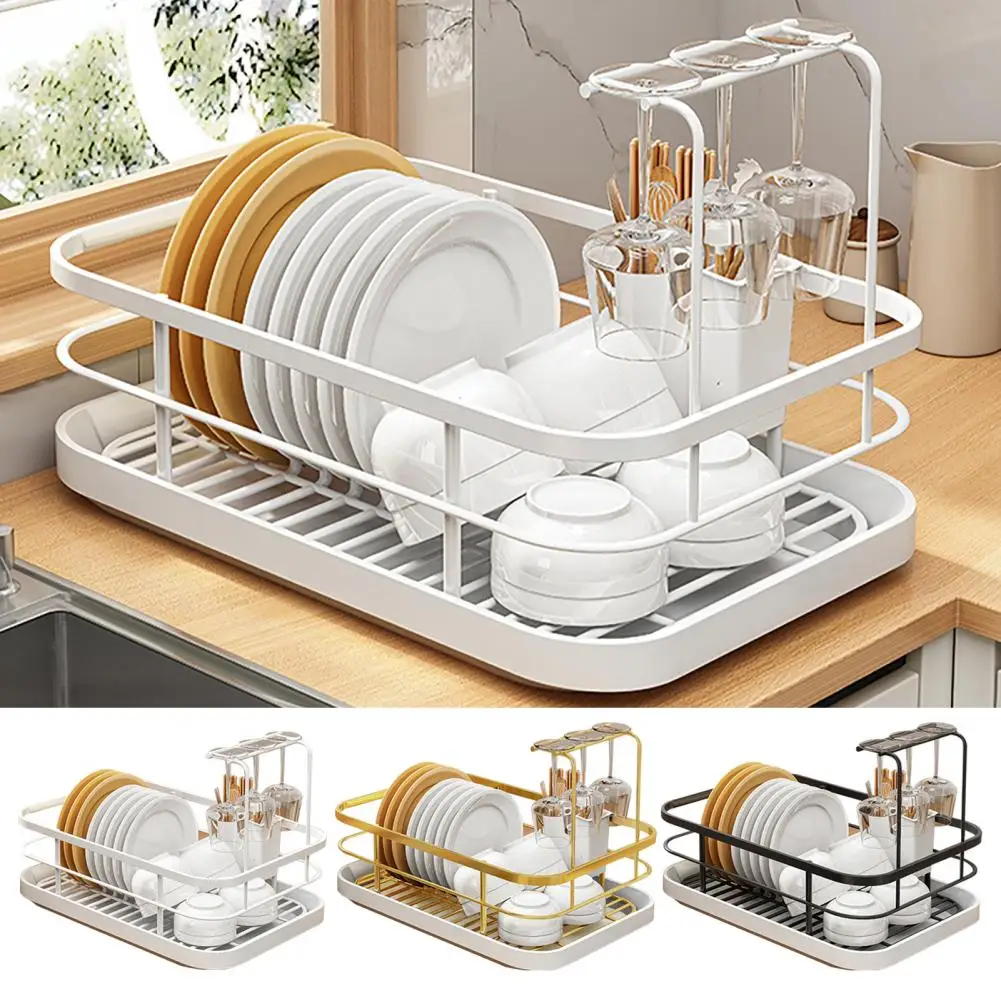 Drain Tray Dish Rack Adjustable Ventilated Dish Plate Storage Rack with Cutlery Holder for Kitchen Counter Organization Capacity