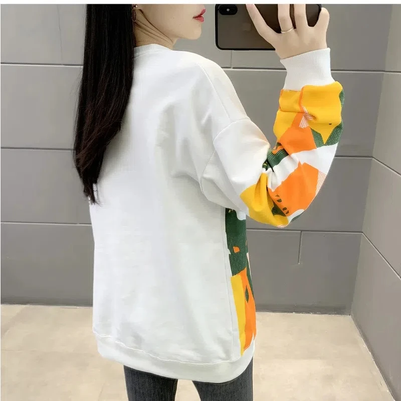 Spring Autumn Women\'s Clothing Pullover Round Neck Cartoon Printing Contrast Color Lantern Long Sleeve Hoodies Casual Loose Tops