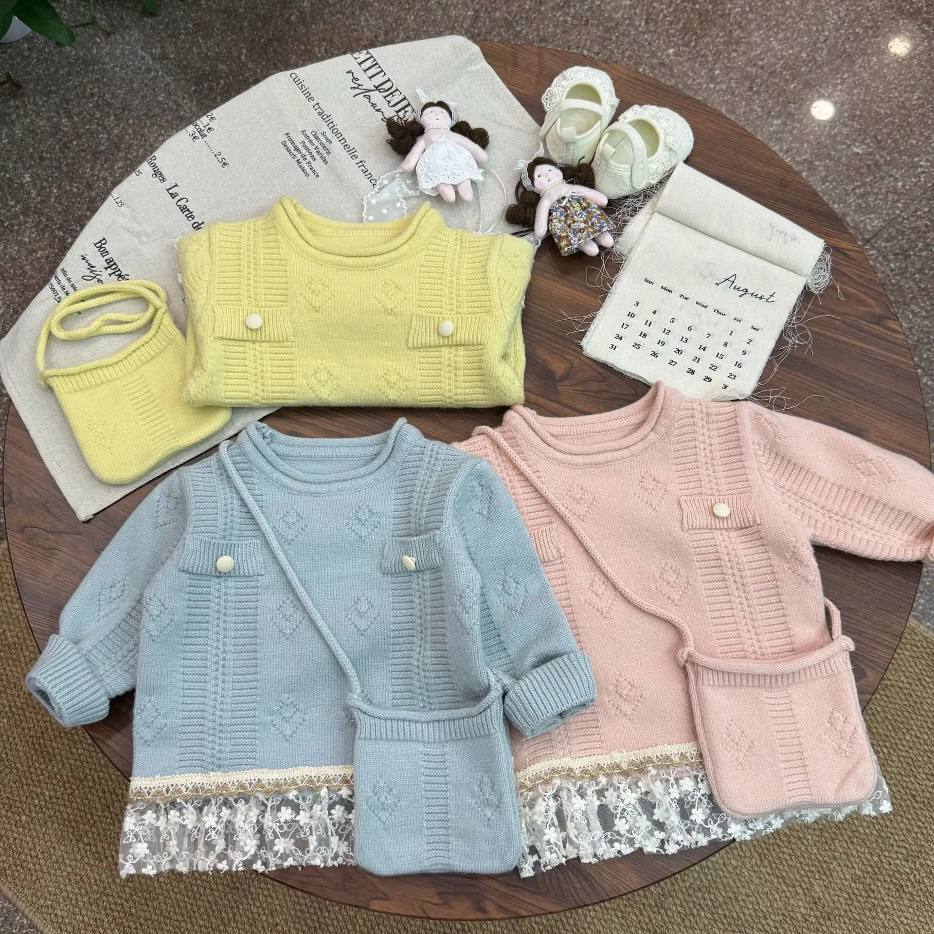 

Girls Knitted Sweaters Spring Autumn 2025 Children Woolen Jersey Tops And Bag 2pcs Outerwear Clothes Baby Pullover Sweater Kids