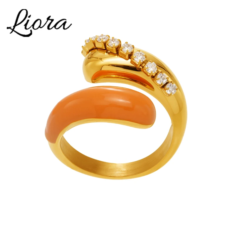 Liora الفولاذ المقاوم للصدأ 18K PVD مطلية بالذهب خواتم مفتوحة للنساء زركون الزفاف السبابة Mujer Anillos مجوهرات هدية #1