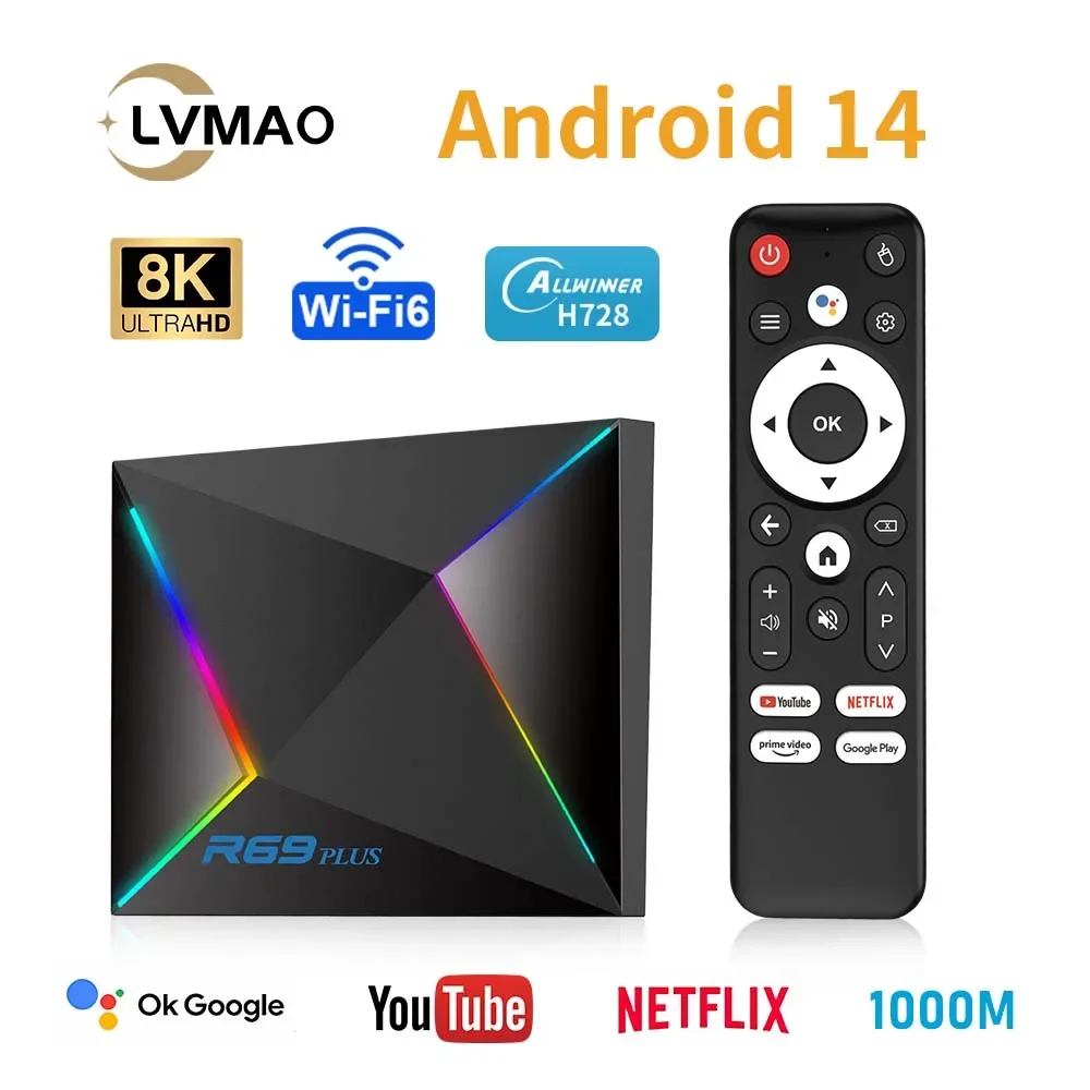 LVMAO Smart TV Box R69 Plus Android14 Support 8K Video Allwinner H728 Wifi 6 BT5 Google Voice NETFLIX Media Player Set Top Box