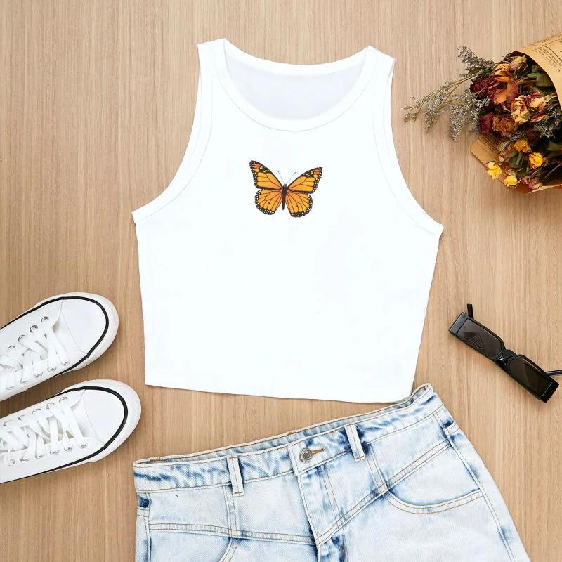 Printcess Women\'s Y2K Cool Sleeveless Round Neck Tank Top Butterfly Graphic Print Short Vest Tee Cool Street Fashion Women Cloth