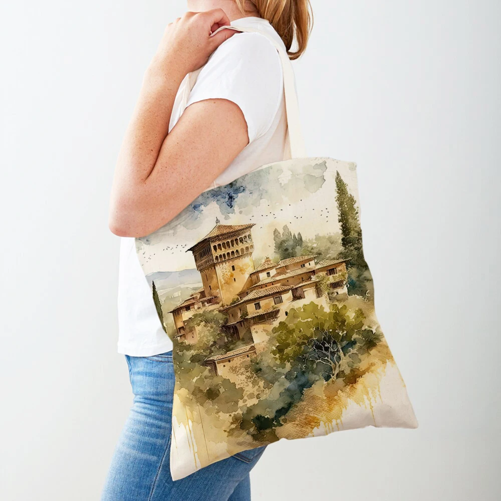 Vintage World Building Roman Shoulder Shopper Bag Women Shopping Bags Double Print Egypt Turkey City Lady Canvas Tote Handbags