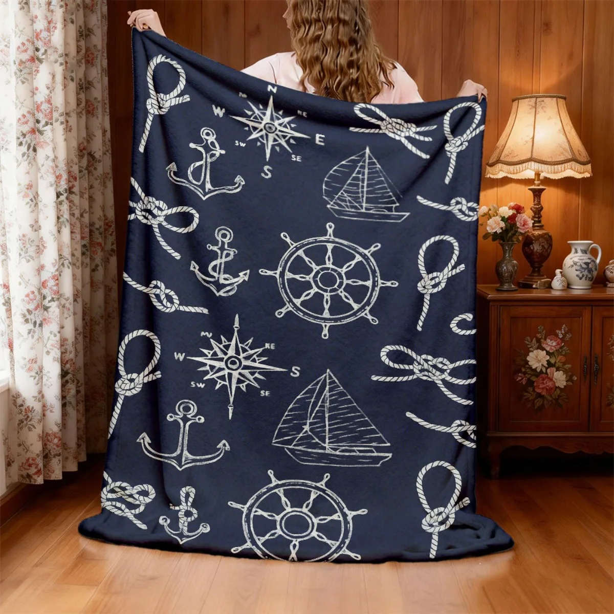 Nautical Anchor & Ship Wheel Print Flannel Blanket Dark Blue with White Maritime Design, Soft Lightweight AllSeason Throw for Be
