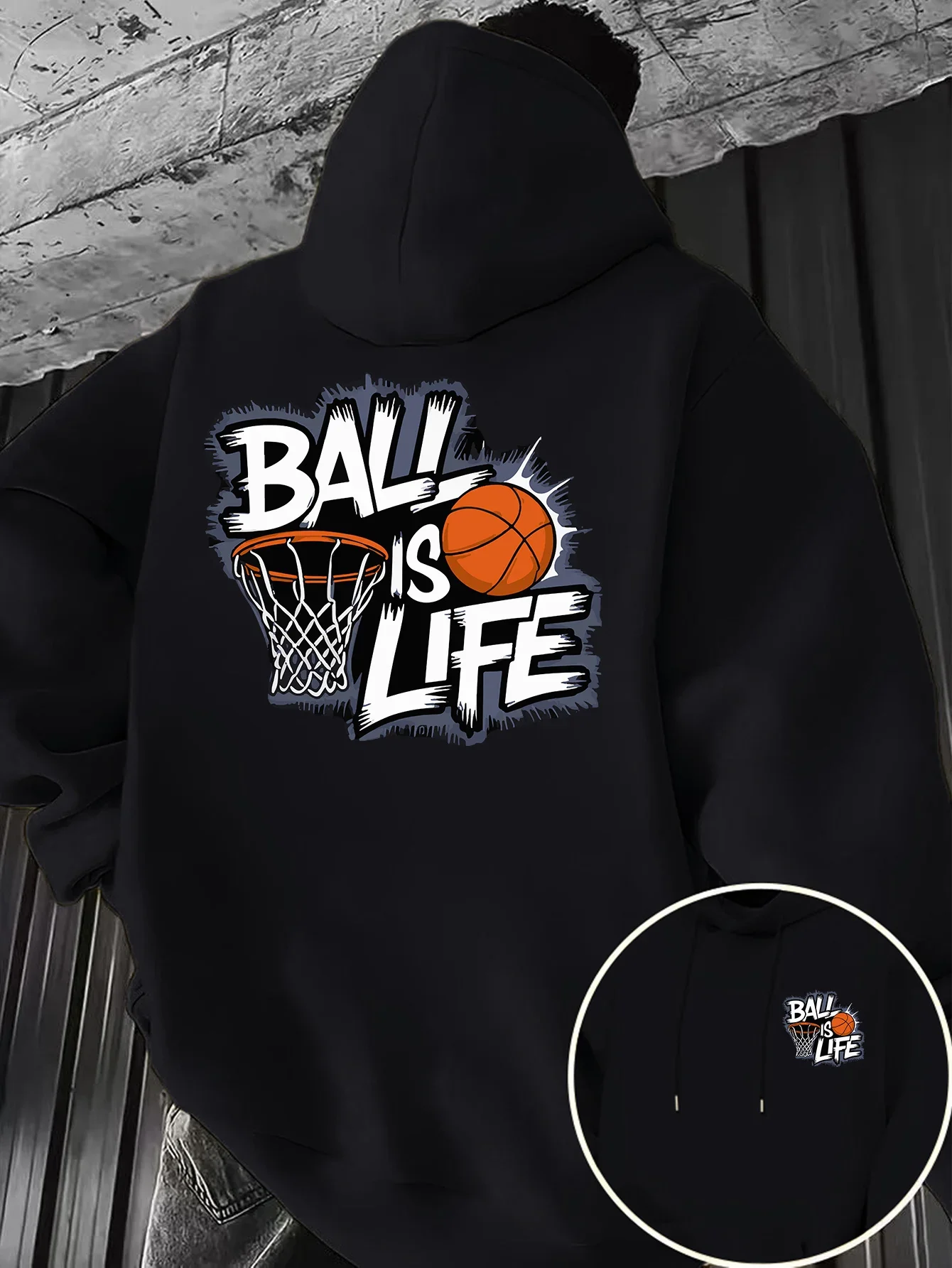 Men's Trendy Basketball-themed Hip-hop Style Hoodie Fleece-lined for Warmth and a Relaxed Fit Perfect for Autumn and Winter