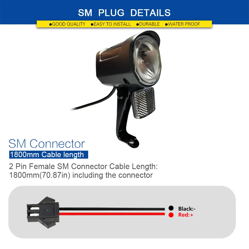 6V-72V Electric Bicycle Front Light 2pin Waterproof/SM Connector Cycling LED Safety Warning Lamp Electric Bike Accessories