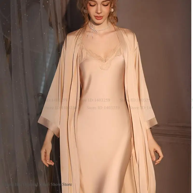 Elegante femminile Twinset Robe Set Lungo Kimono Accappatoio Abito Sexy Camicia da notte in pizzo Lingerie Primavera Autunno Nuovo Sleepwear Abito da casa