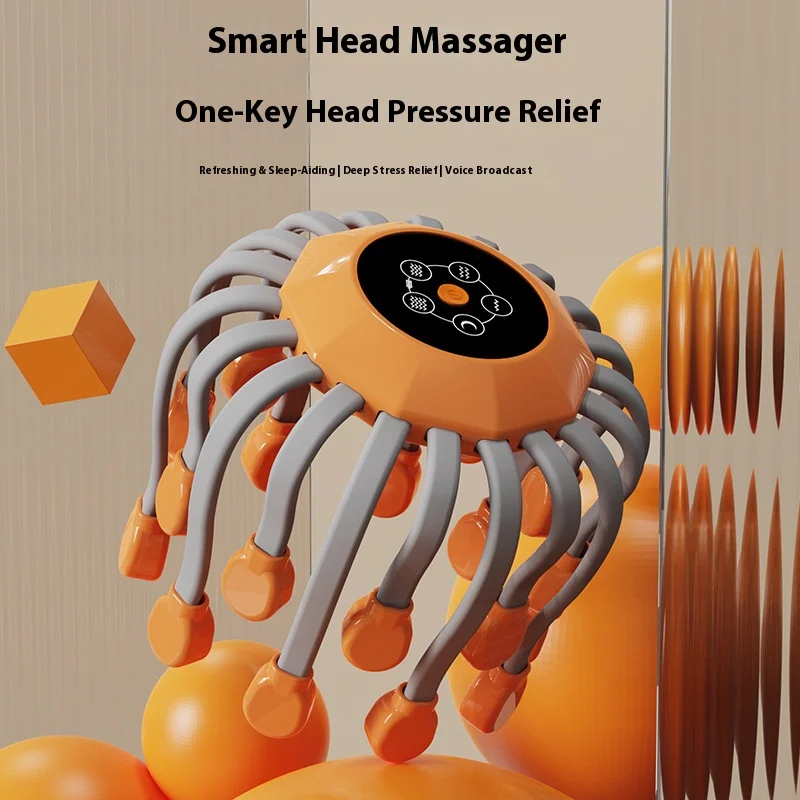 Masajeador de cuero cabelludo naranja con 20 cabezales de masaje, rascador de pulpo vibratorio con luz roja para relajación, alivio del estrés y alivio de la migraña