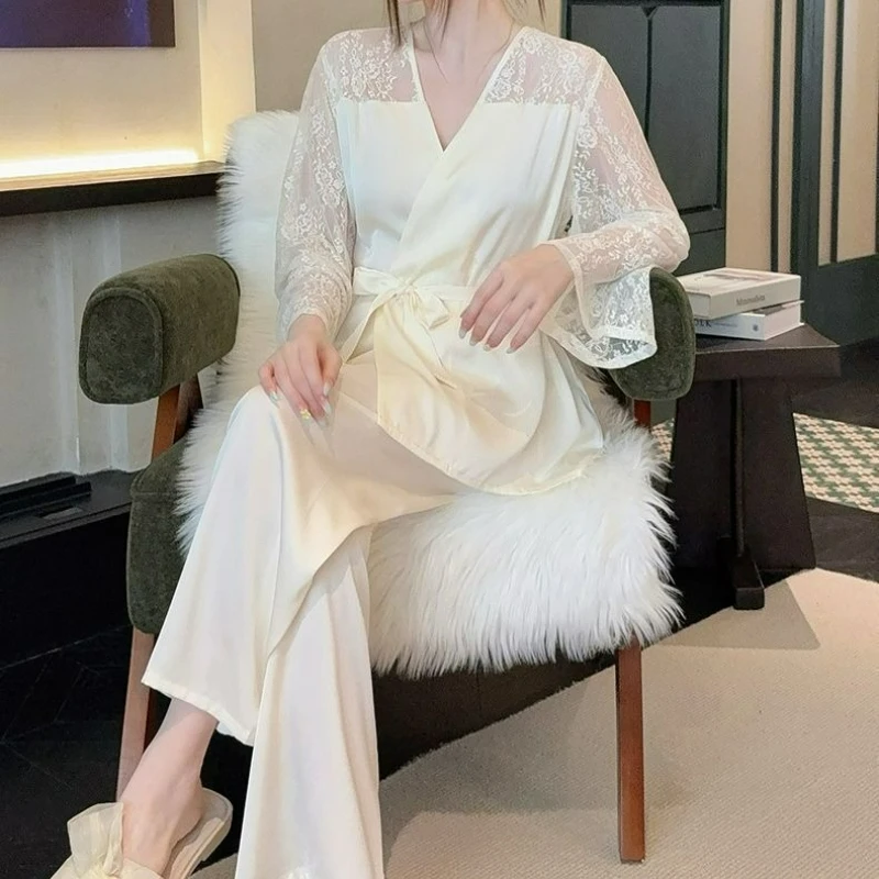 Lace V-neck Pajamas for Women 2026 Spring Autumn New Fashion Ice Silk Long-sleeved Thin Women Sweet Sexy Two-piece Sets