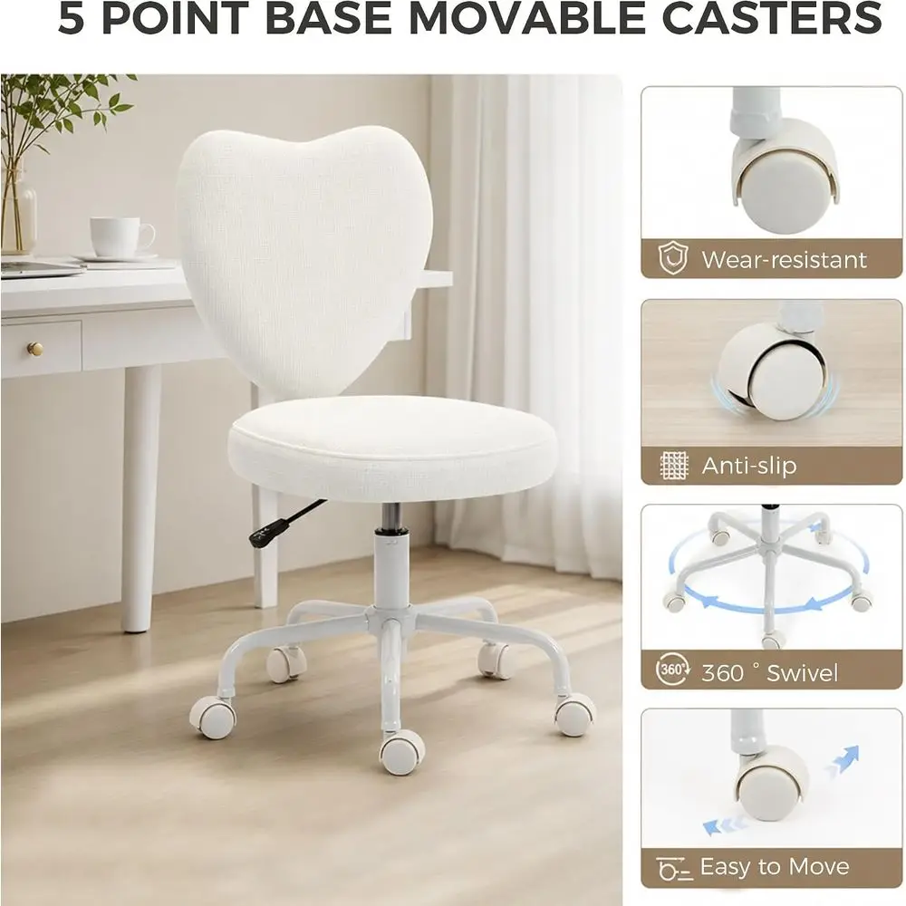 Office Chair, Fabric Makeup Vanity Chair with Heart Shape, Swivel Wheels, Height Adjustable, White view 6