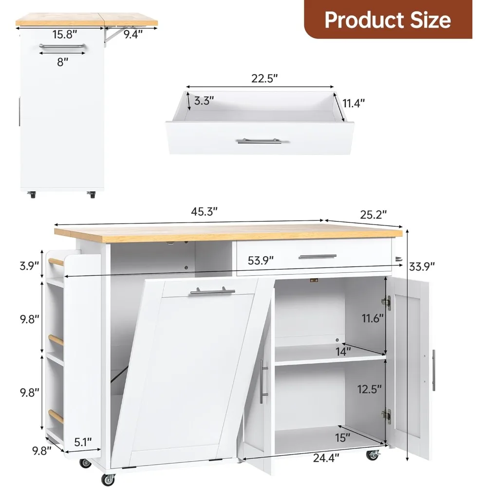 Rolling Kitchen Island with Hidden Trash Can Storage, Kitchen Island on Wheels with Storage, 3-Tier Spice Rack, Towel Rack&Drawe