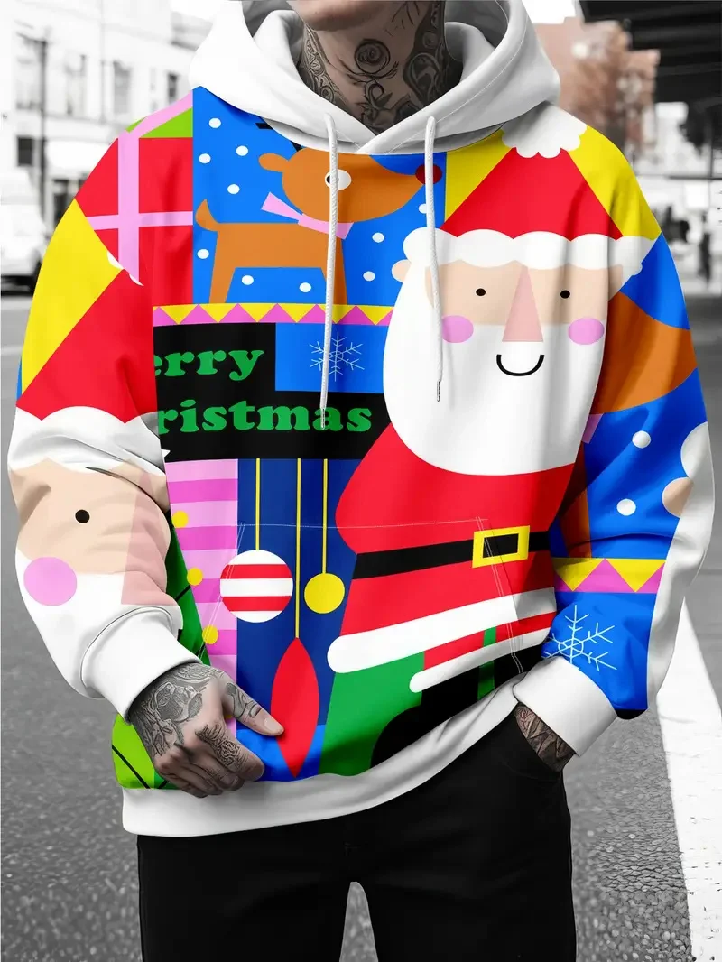 

3D Print Colorful Santa Clause Hoodies For Men Fashion Creative Christmas Theme Hooded Sweatshirt Loose Casual Long Sleeved Tops