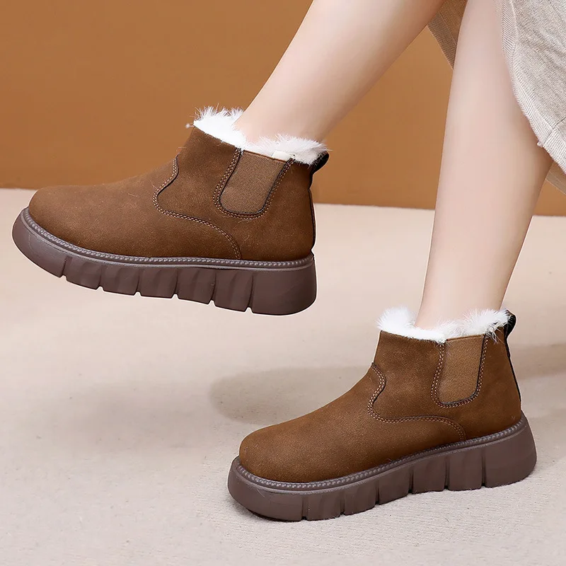 

35-42 Ботильоны на зиму 2025, новые ботинки на толстой подошве и плюшевом толстом хлопчатобумажной подошве, противоскользящая обувь с круглым носком, женская обувь на одну ногу