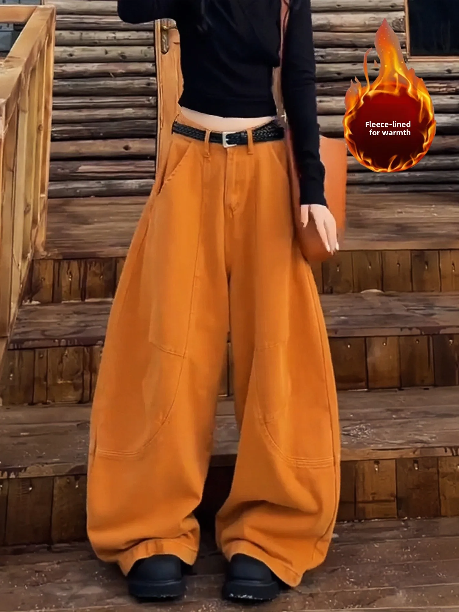 

American High Street Spicy Girl Fce Lined Denim Jeans Women's Vintage Loose Lazy Loose Feeling Floor Length Pants