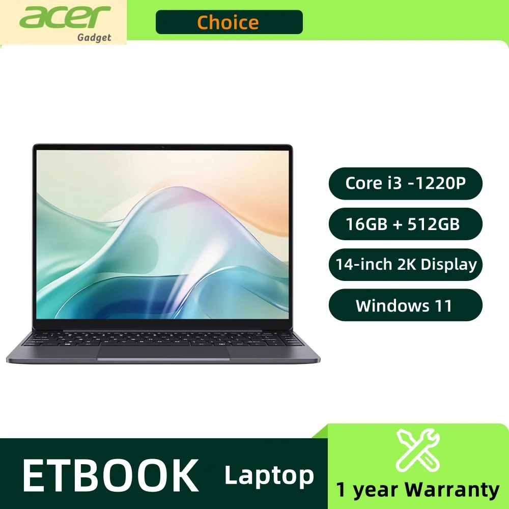 كمبيوتر محمول للألعاب Acer Gadget e10 ETBook Intel Core i3-1220P 16GB RAM 512GB SSD كمبيوتر 14 "2K IPS ScreenWiFi6 Windows 11 أجهزة الكمبيوتر المحمولة