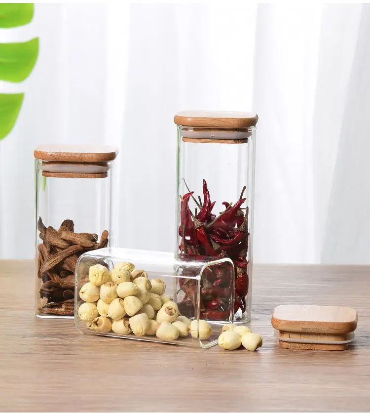 Glass Storage Jars Kitchen Square Organizer Sealed with Bamboo Lid for Food Tea Noodles Coffee Candy Bean  Nut  Bottle Container