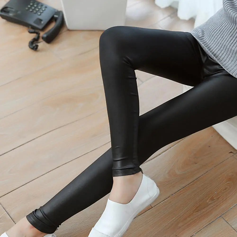 Leggings de couro falso para mulheres, calças casuais, calças pretas