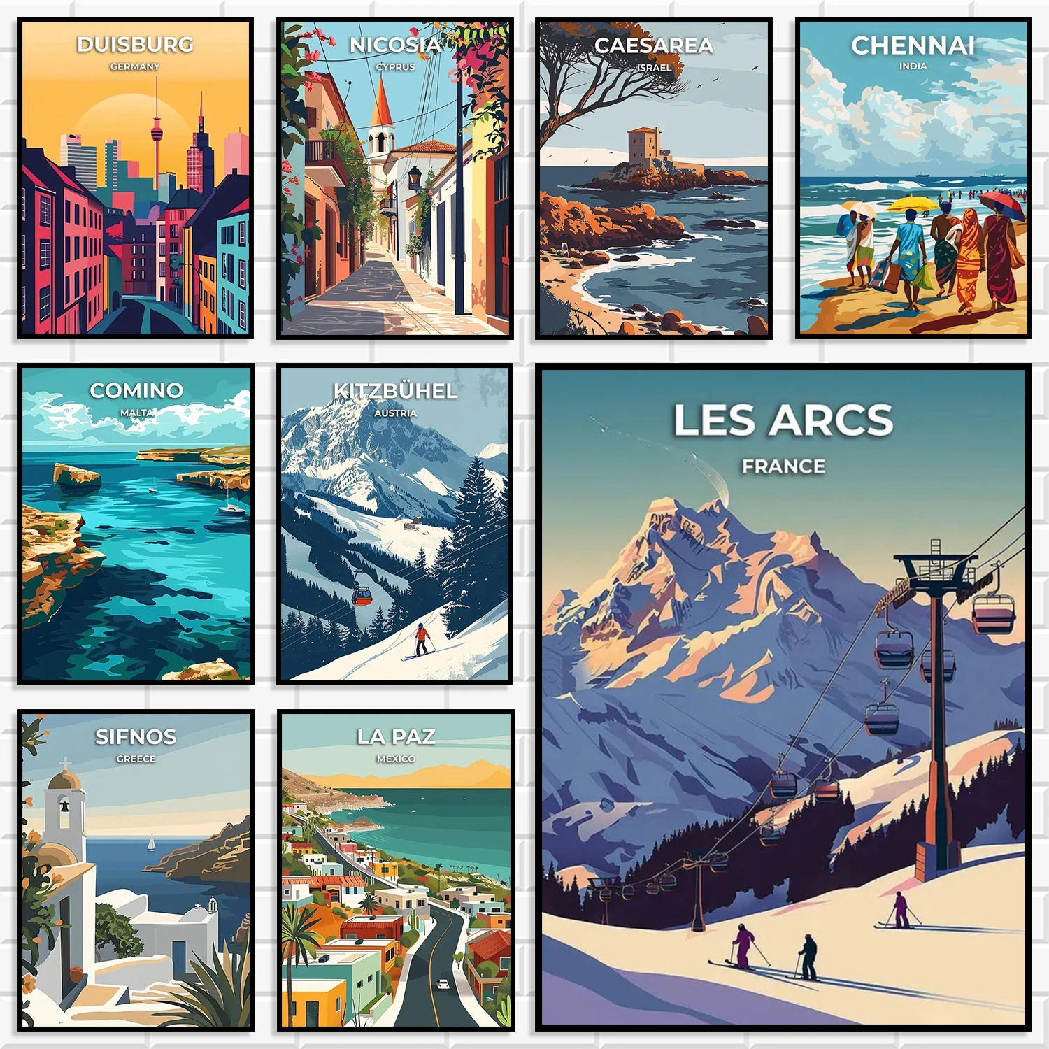 Mid Century Retro International Travel Wall Print Bundle Vibrant World Famous City & Ski Resort Canvas Poster Set Home Decor