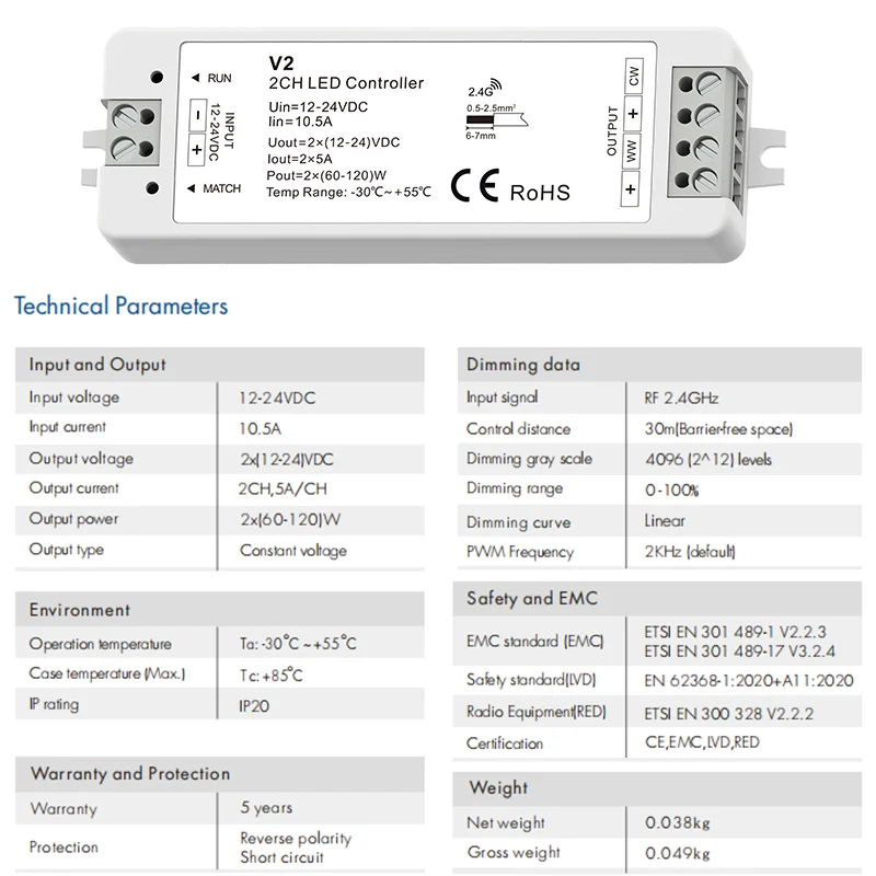 Controlador de tira de luces LED CCT, controlador de 2 canales, Color Dual, 2,4G, RF, DC12-24V, atenuación sin escalones, Control remoto inalámbrico