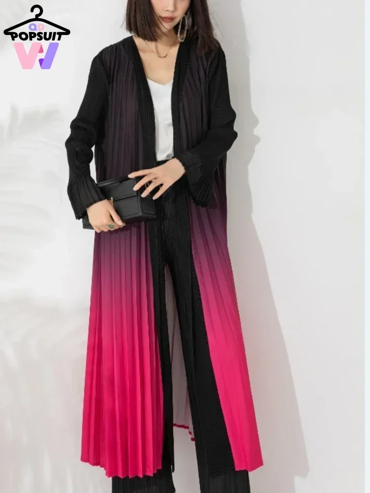 New in Autumn Women Cardigan (LENGTH:142CM) Cloak Gradient Pleated Windbreaker Flare Sleeve Gradual Color Long Trench Coat Dress