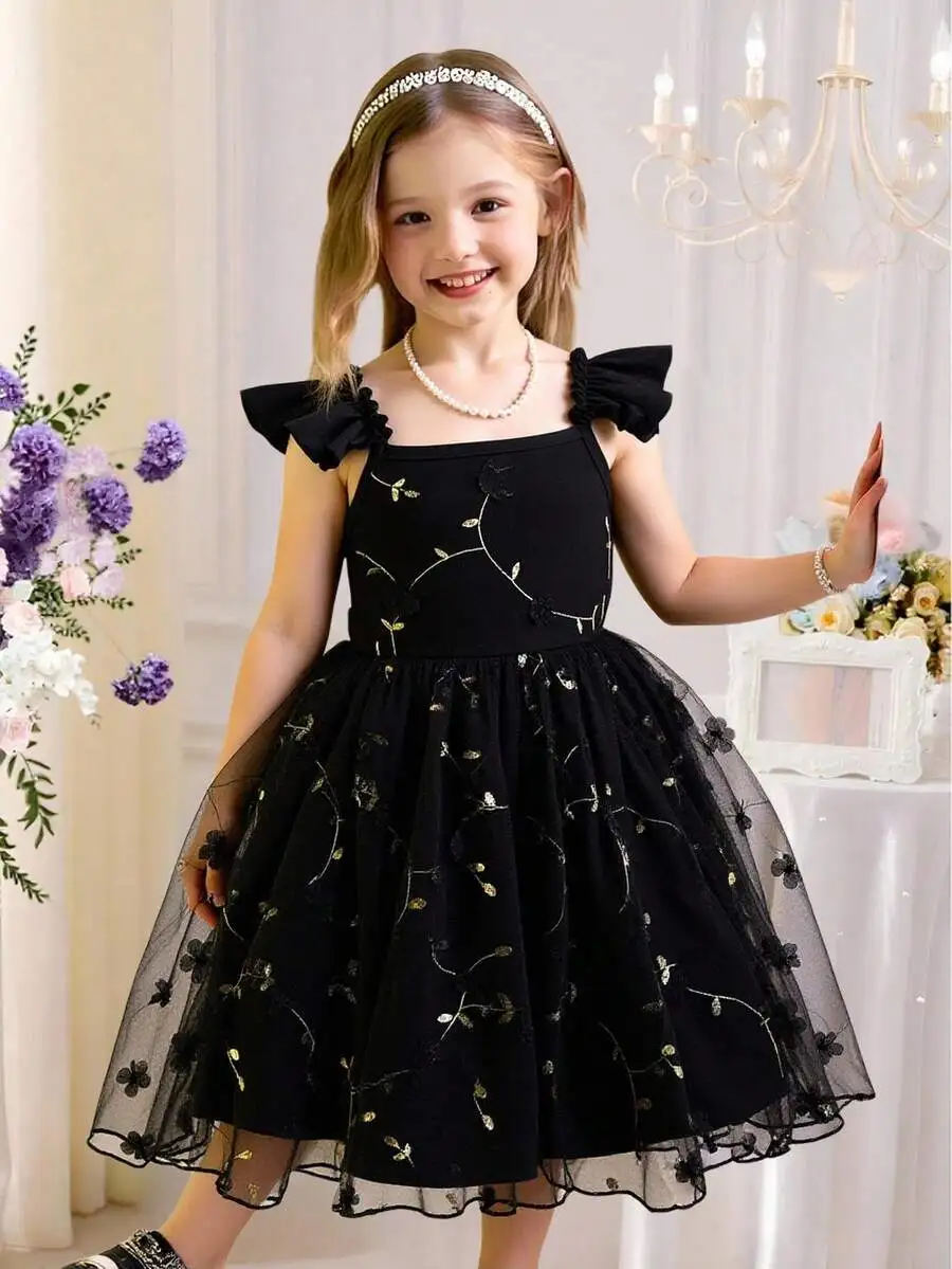 

Elegant Black A-Line Evening Dress With Ruffle Flutter Sleeves And Floral Embroidery