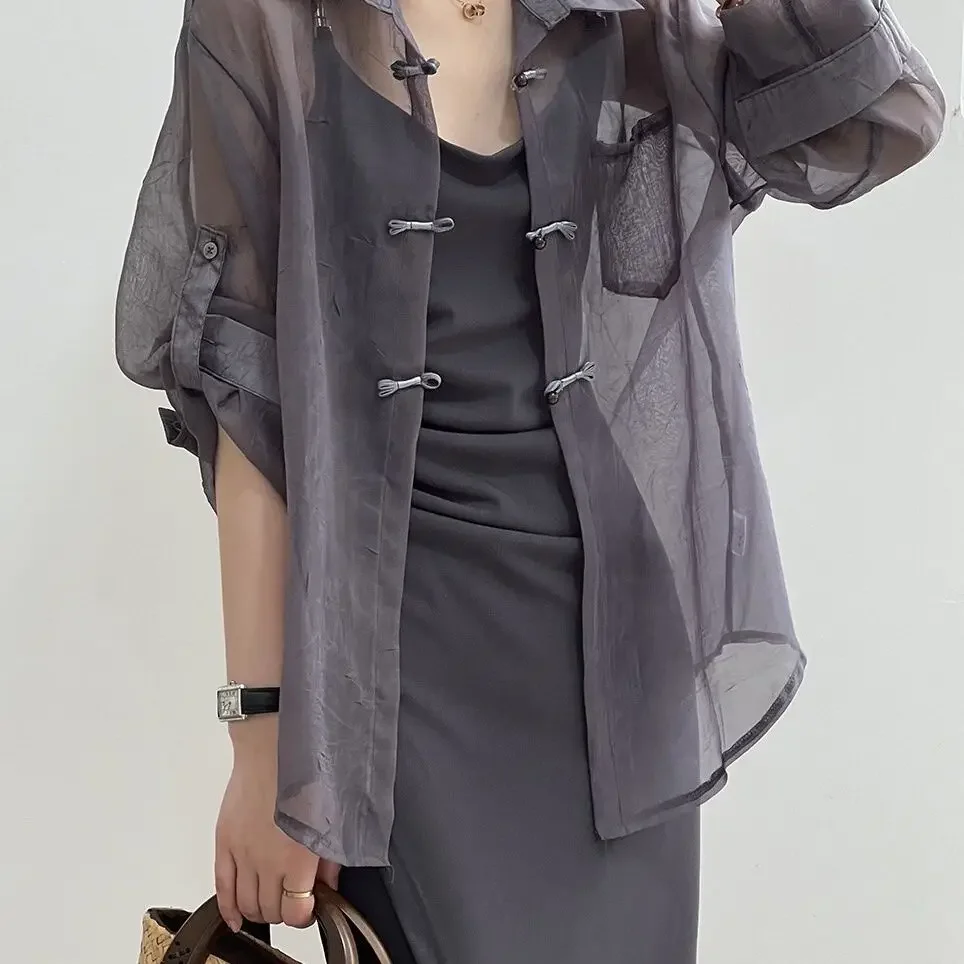 

New Chinese Style Buttoned Chinese Style Shirt Women New Summer Suspender Dress with Outerwear Cardigan Thin Sun Protection