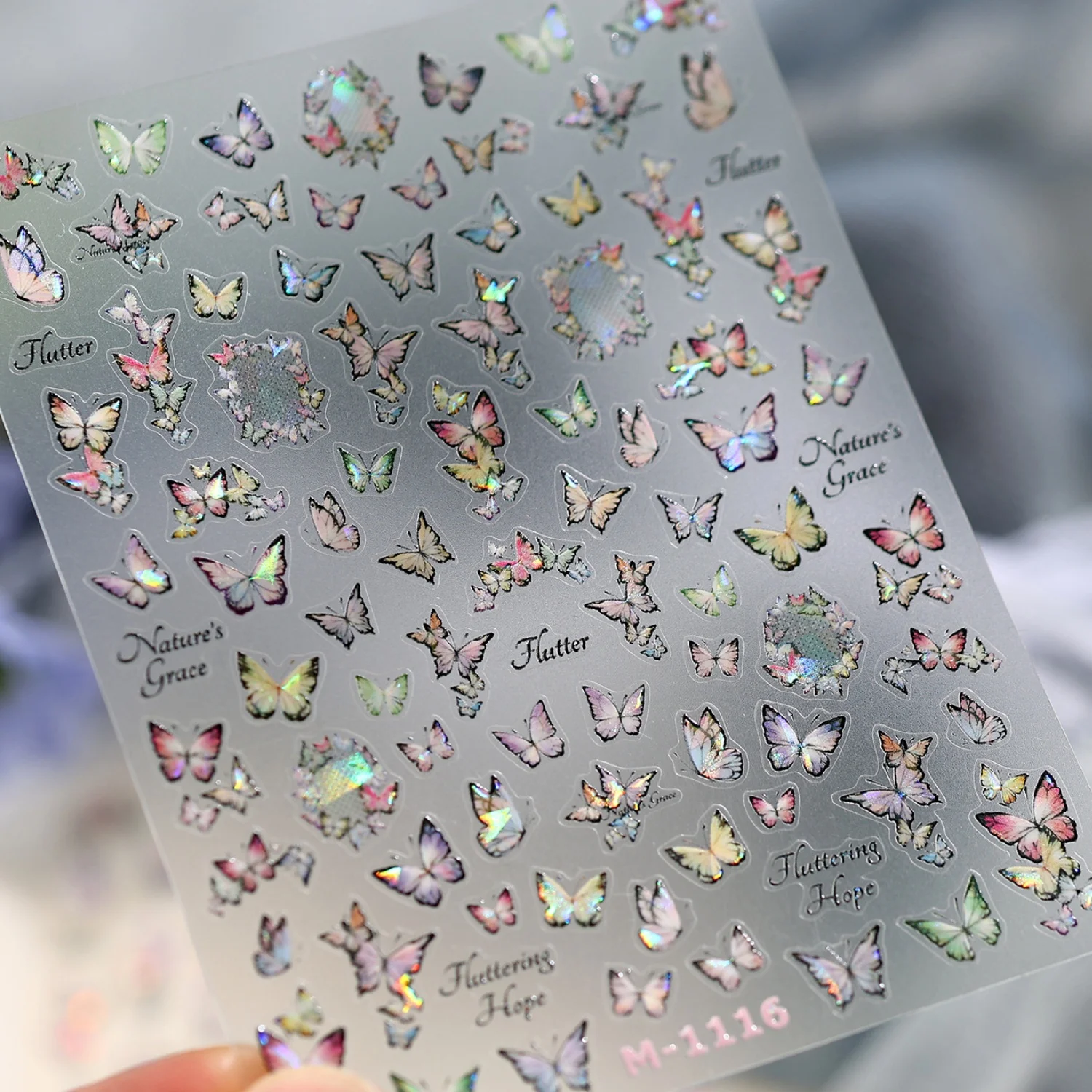 5D Iridescent Butterfly Nail Decals Dark Fantasy Gradient Color Holographic Glitter Flakes Sticker Self Adhesive Manicure Decal