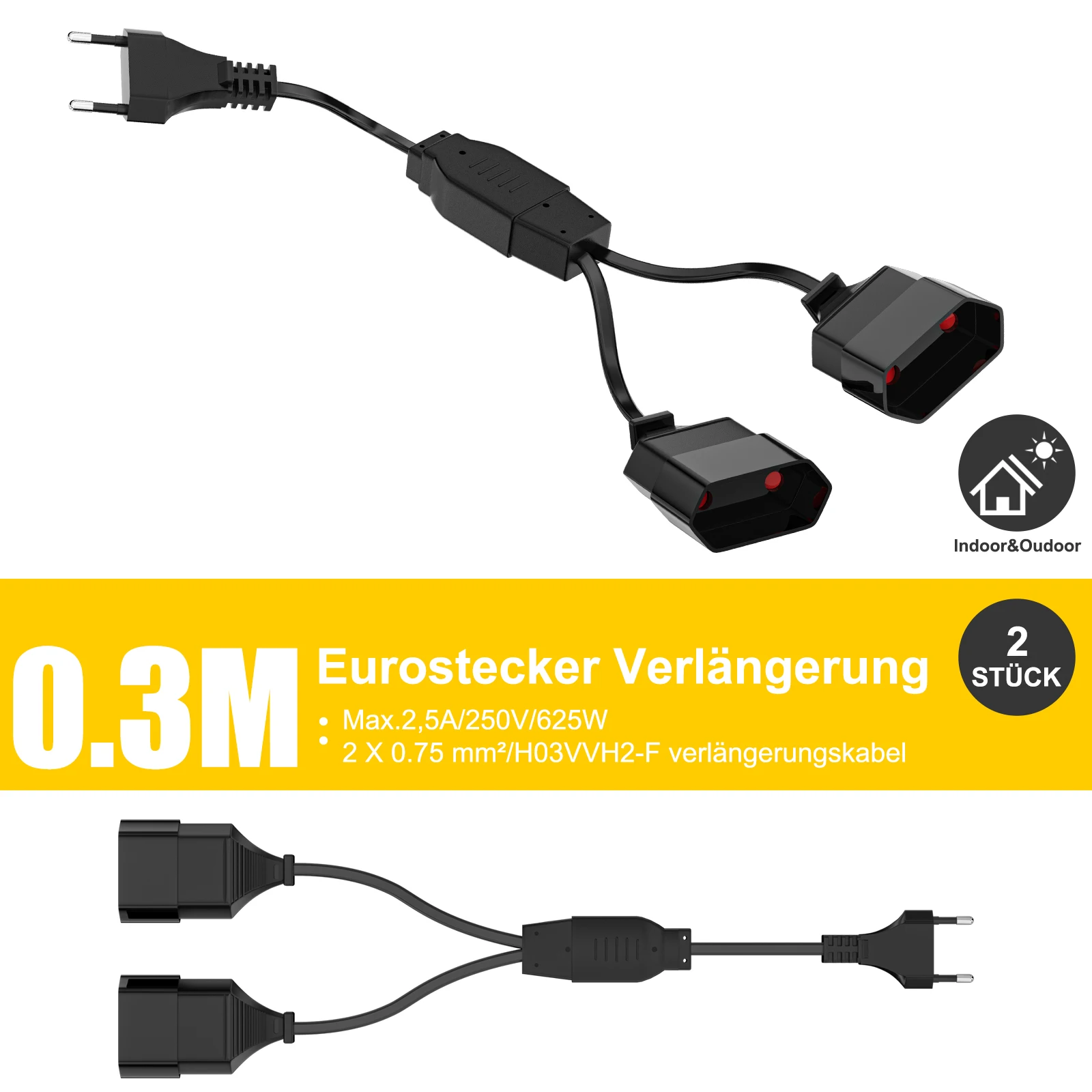 2pcs European Extension Cord, 2prong Male plug to Female Socket Power Extension Cable 8A/250V Splitter Electric Wire
