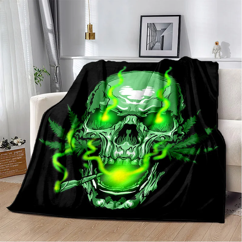 Stylish Fleece Throw Blanket Featuring Skull and plant Cannabis Sativa L Weeds Ideal for Outdoor Adventures