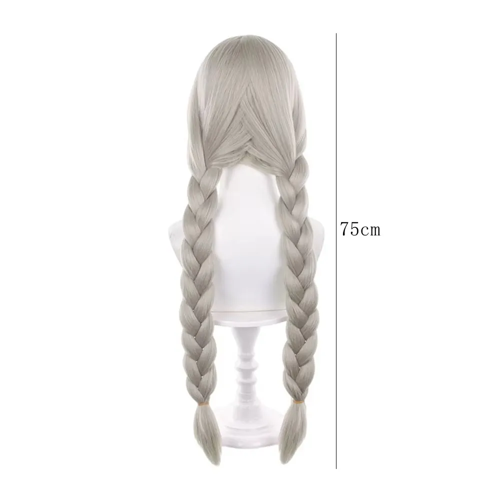 Silver Gray Long Straight Synthetic Wig with Dual Braids & Natural Bangs – Heat Resistant Fiber Unisex Cosplay Hairpiece