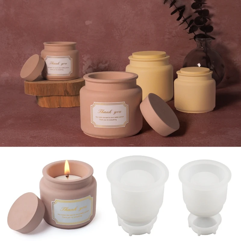 Candle Jar Molds, Silicone Concrete Molds for Candle Holder with Lids, Candle Cup Cement Molds for Candle Making Supplies