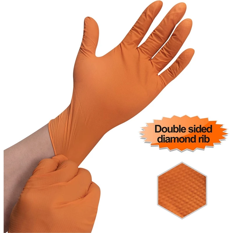 8Mil Heavy Duty Orange Nitrile Gloves with Raised Diamond Textured Disposable Gloves for Mechanic Auto Industrial Safety Gloves