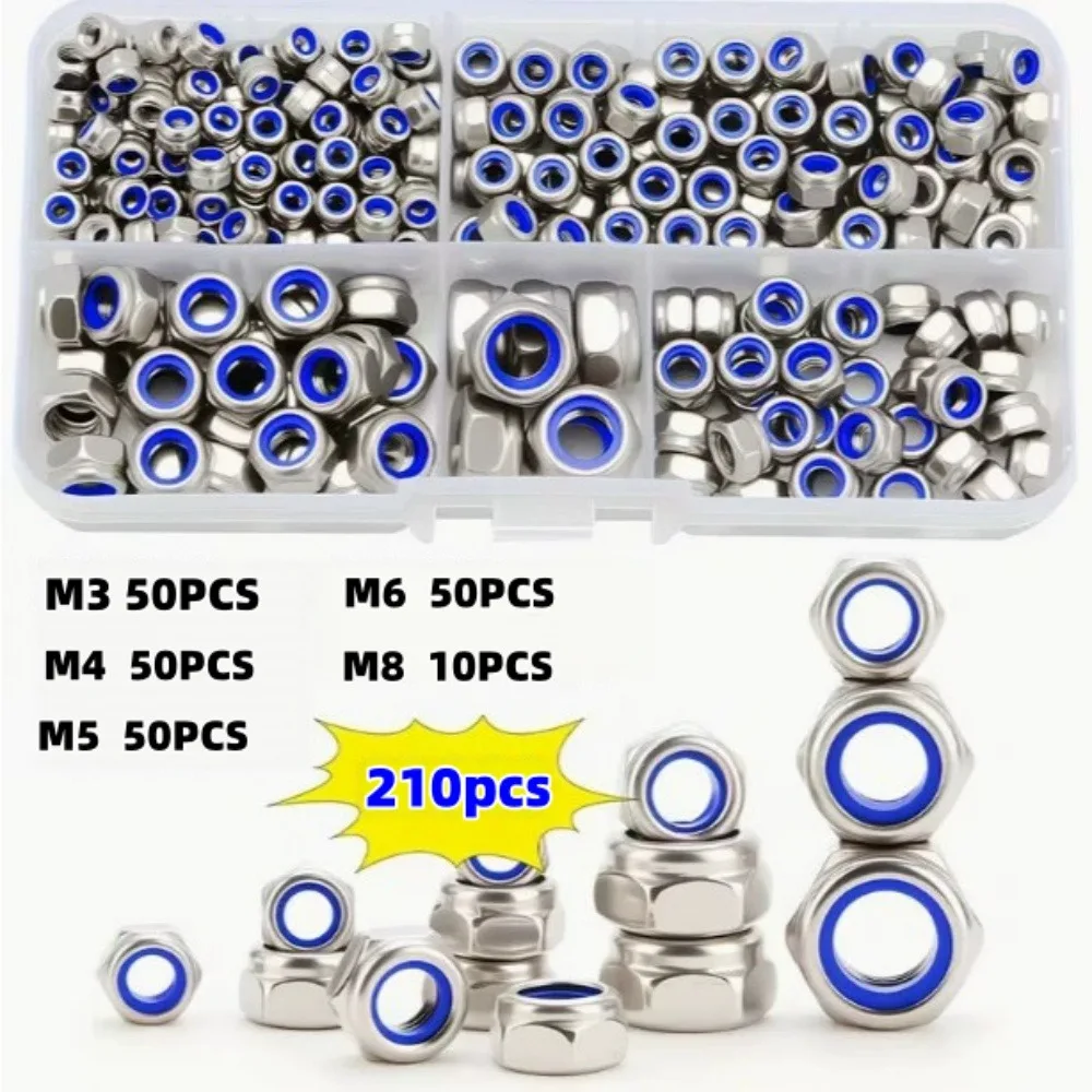 210/150pcs Self Locking Belt Anti Slip Hexagonal Nut Nylon Embedded Fully Threaded Fasteners for Industrial/car Repair/household