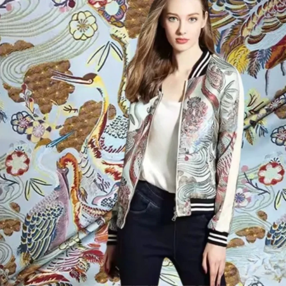 

Brocade Jacquard Fabric Fashion Crane Dress Jacket Design Cloth European Brand for Sewing Wholesale Material by the Meter Hanfu
