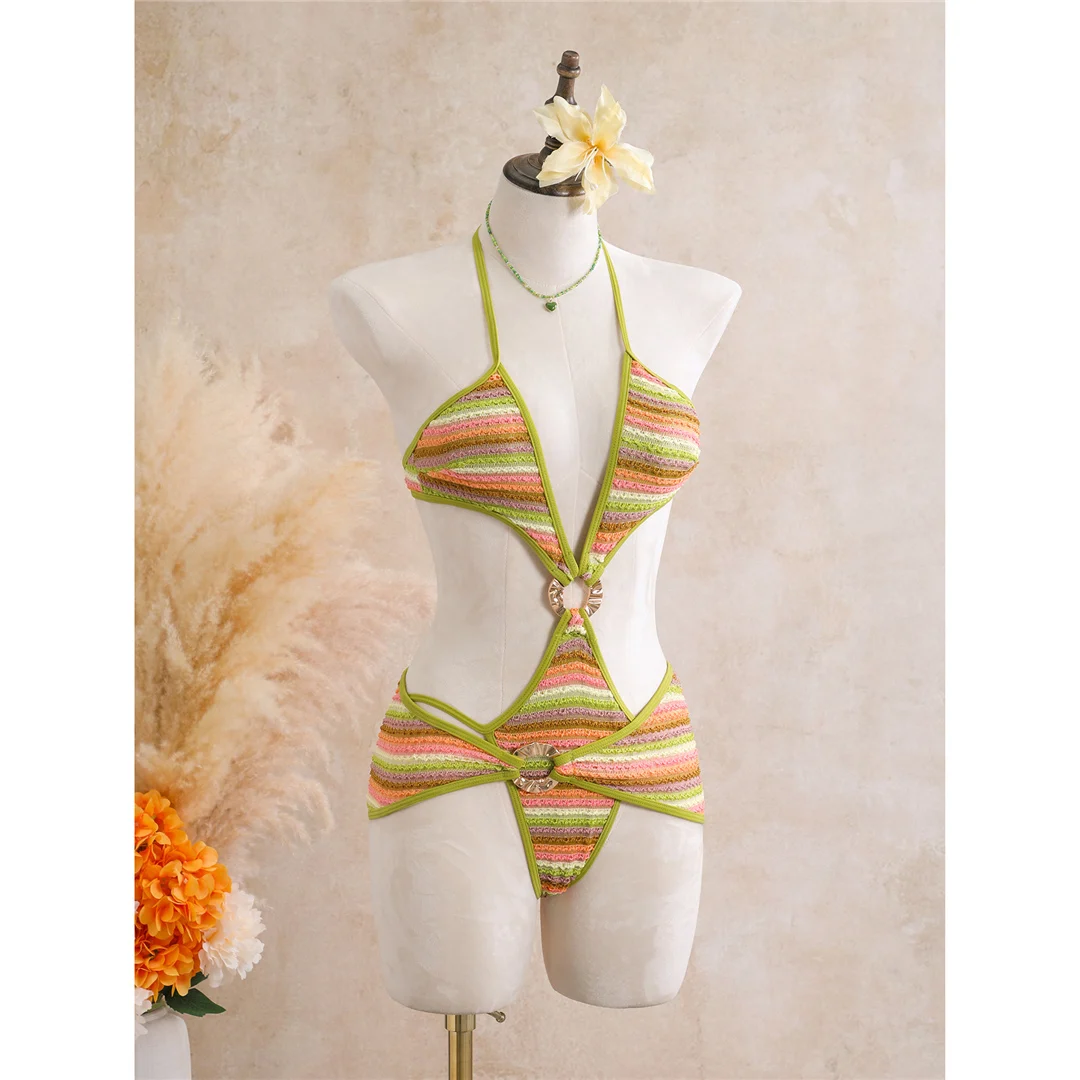 Mit Rock, gestreiftem Halterneck, V-Ausschnitt, Damen-Badeanzug, einteiliger Badeanzug, Damen-Monokini, hoher Beinausschnitt, Badebekleidung, Badeanzug, V8345. – Detail 19