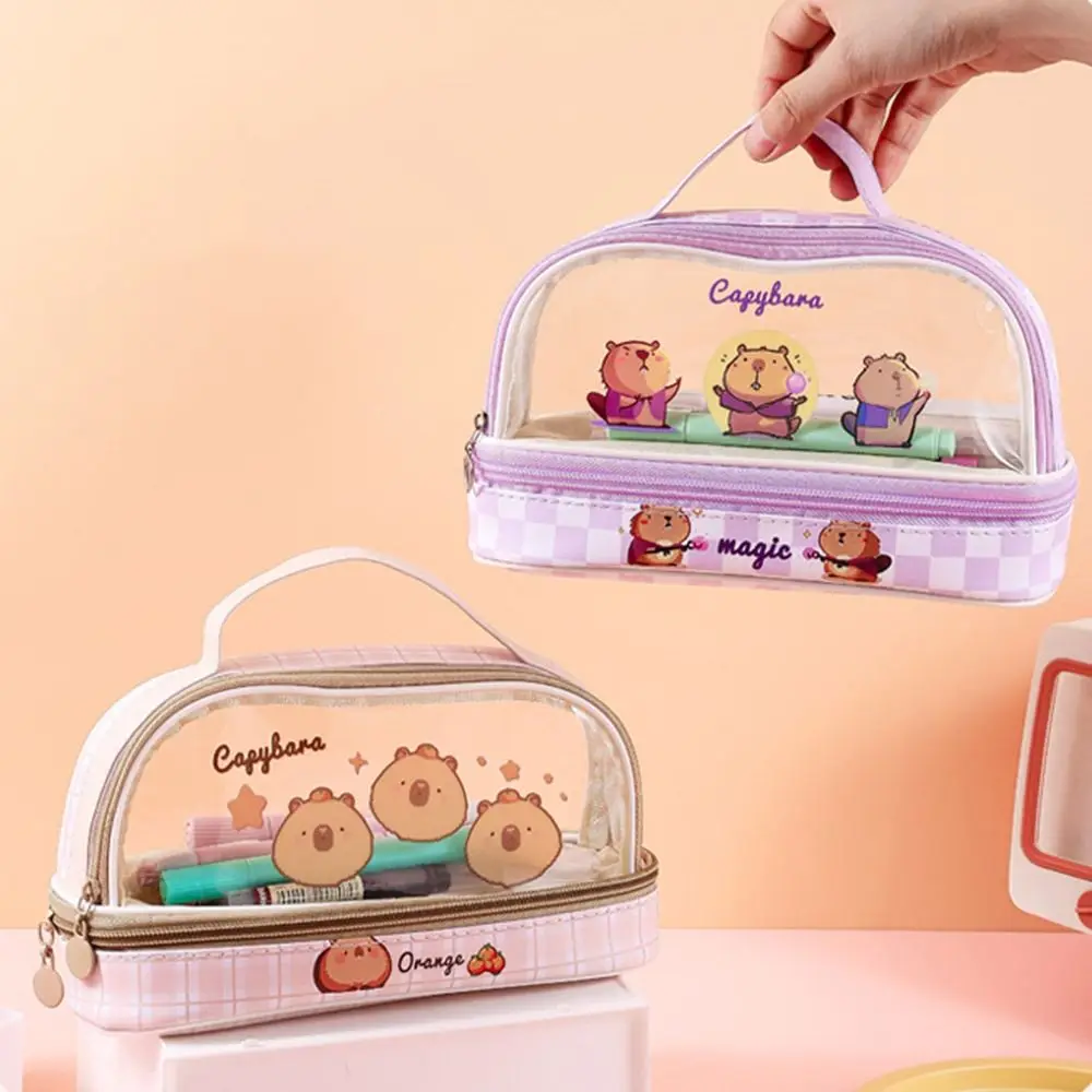 Cute Transparent Capybara Pen Bag Double-laye Student Stationery Stationery Storage Bag Large Capacity Pencil Bag