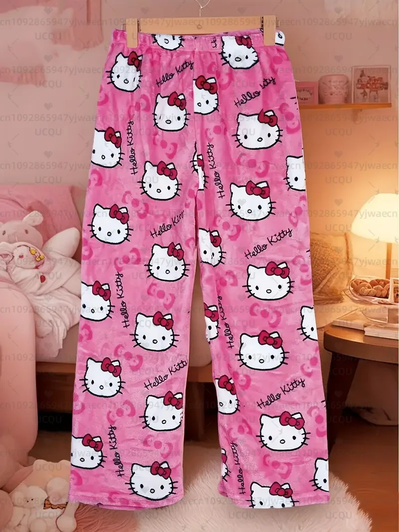 Pantaloni da pigiama lunghi accoglienti invernali da donna Stampa simpatico cartone animato Pigiama caldo Hello Kitty Pantaloni di flanella carini Autunno/Inverno