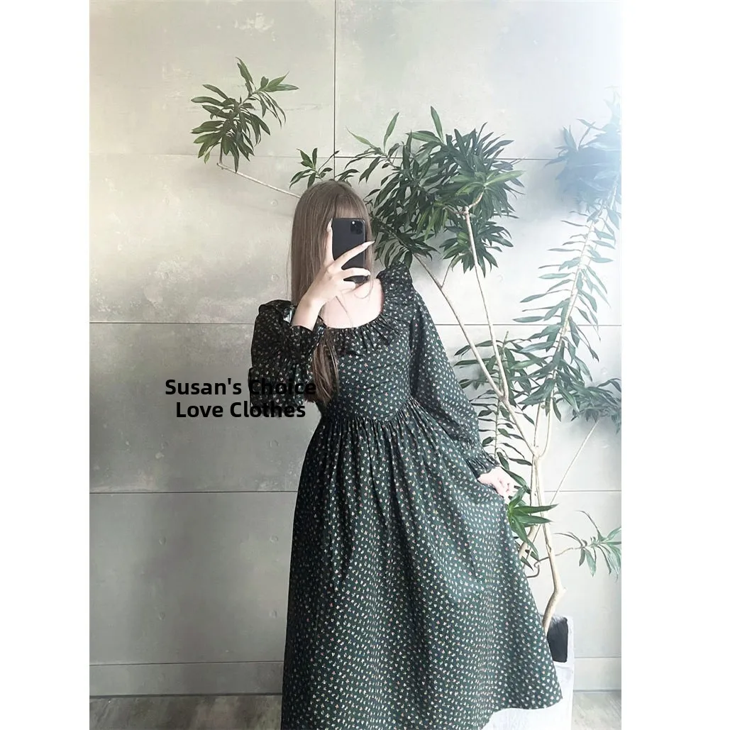 スーザン・エレ・フローラルプリント・ロングスリーブ・ミディ丈ワンピース レディース ハイウエスト コットンガーゼ 春ファッション カジュアルワンピース