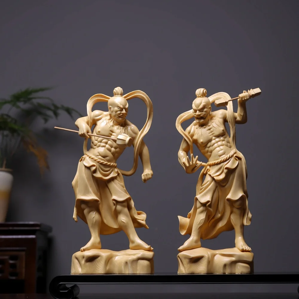 Wood Guardian Deities Statue – Heng Ha Er Jiang, Jialan Weituo, Four Heavenly Kings, and Three Pure Ones Taoist Figures for Home