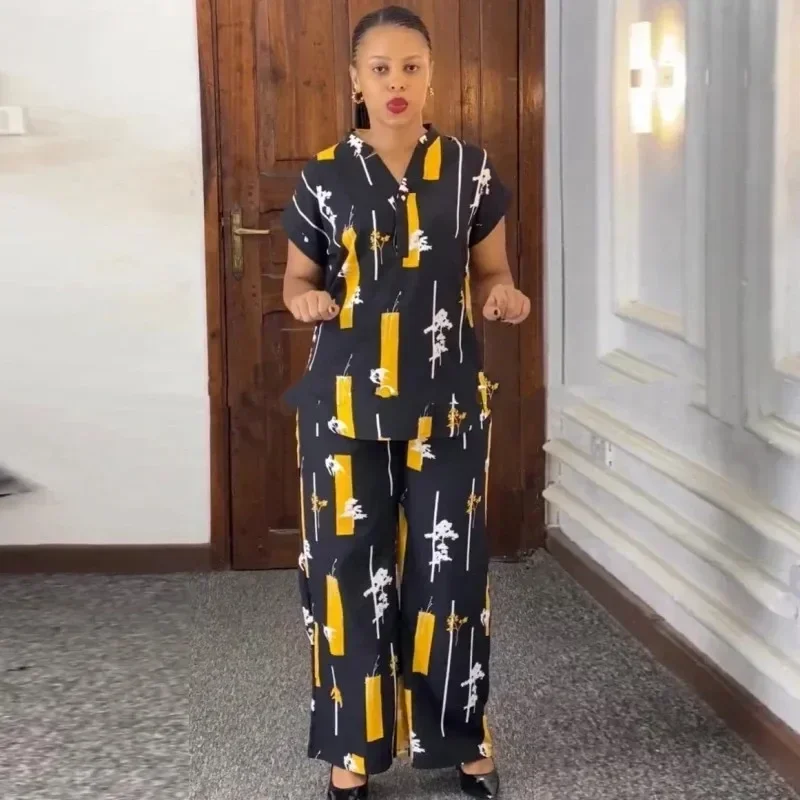 

2025 African Fashion Streetwear Two Piece Set for Women Summer Outfits Printed Short Sleeve Shirt Top Short Sets Matching Sets