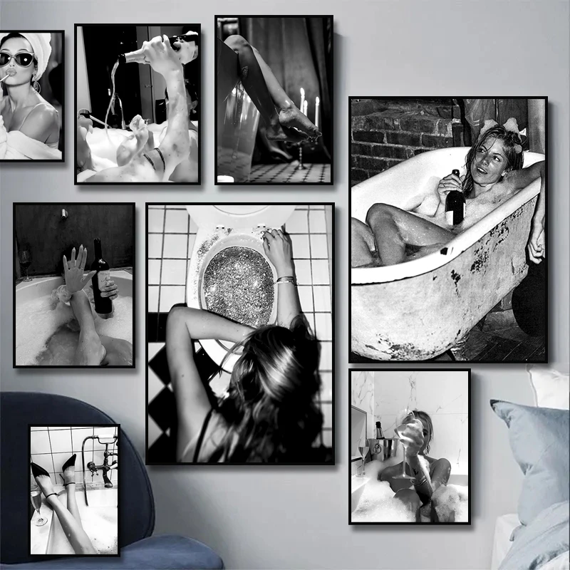 Woman Drinking Wine in Bathtub Canvas Painting Print Black and White Vintage Photo Girls Bathroom Poster Bar Wall Toilet Decor